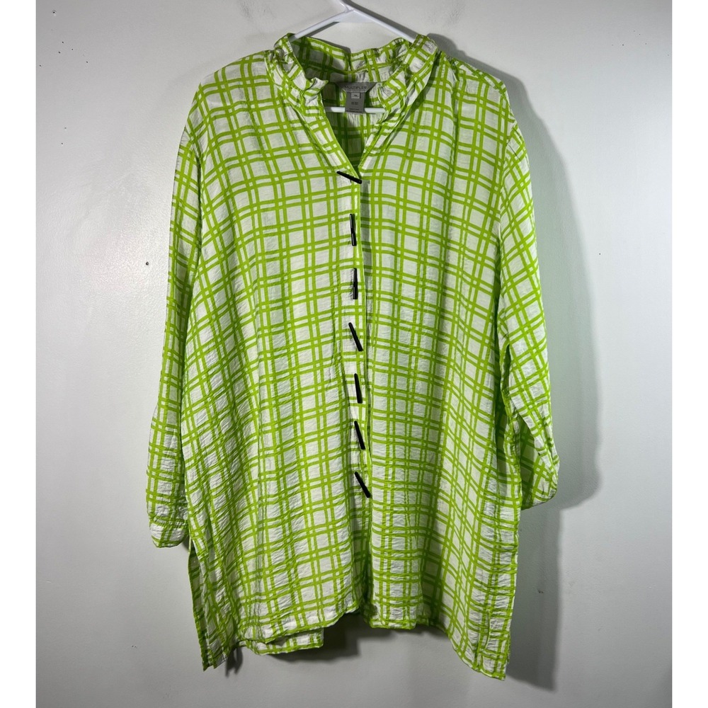 Womens Multiples Art‎ to Wear Lagenlook Plaid Toggle Button Tunic Green White 2X